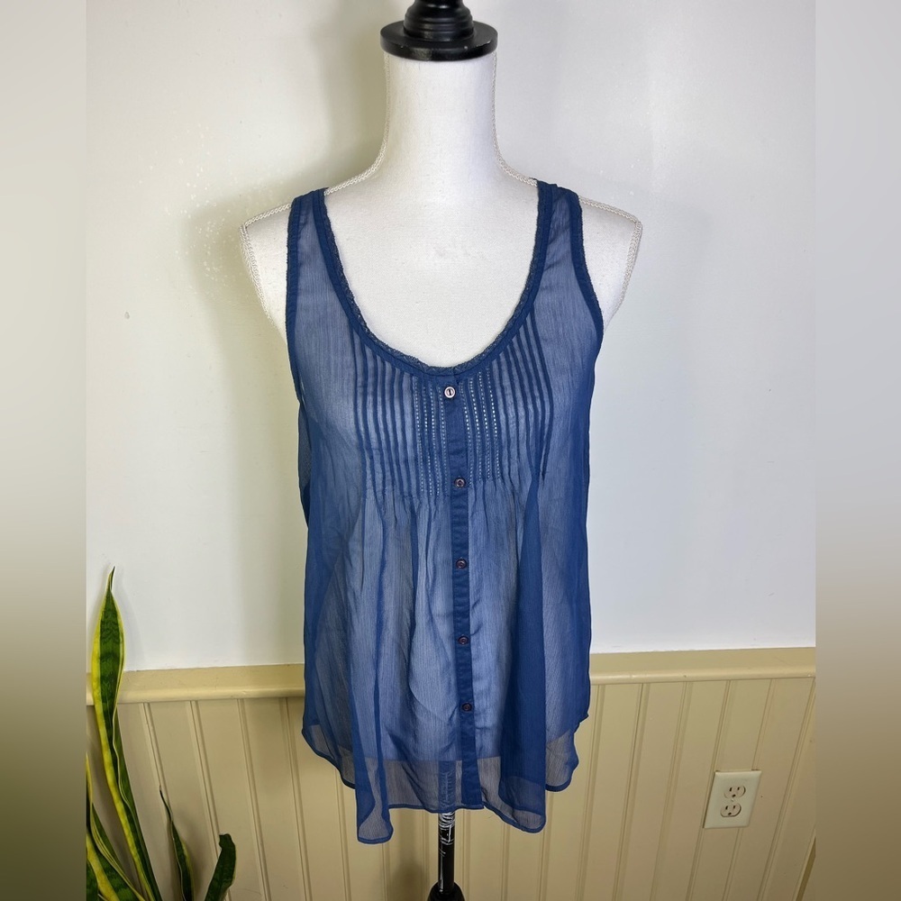Y2K Aerie Sheer Tank Top S Pintuck Lace Trim Blue Button Front Racerback Grunge